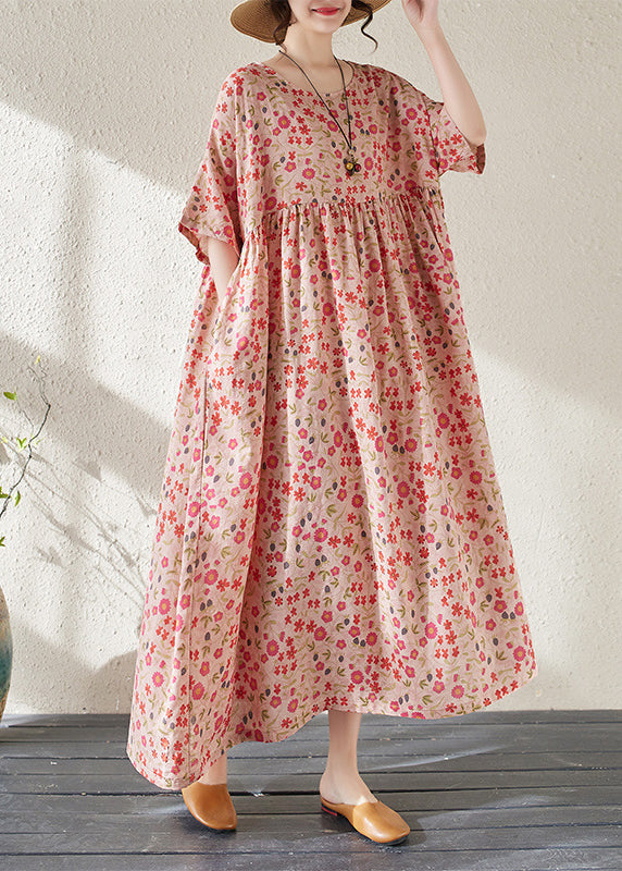 Red O-neck Print Wrinkled Long Dresses Short Sleeve