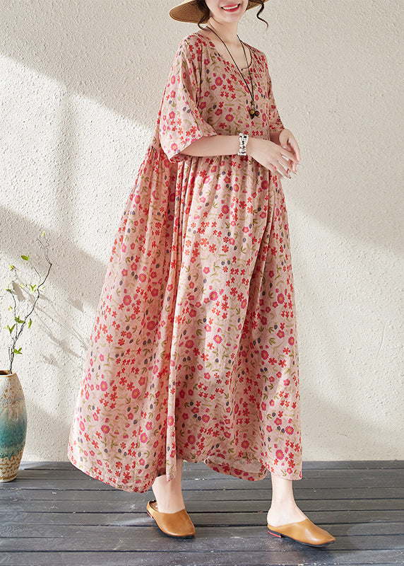 Red O-neck Print Wrinkled Long Dresses Short Sleeve