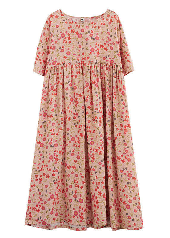 Red O-neck Print Wrinkled Long Dresses Short Sleeve
