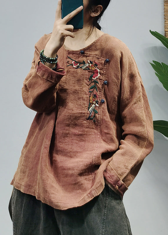 Red O-neck Side Open Embroideried Linen Top Long Sleeve