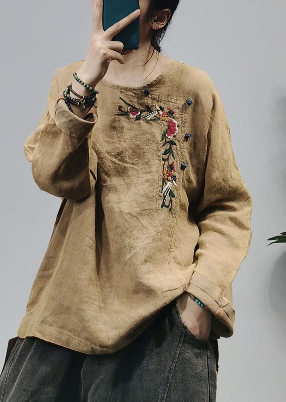 Vintage Red O-Neck Side Open Embroideried Linen Top Long Sleeve