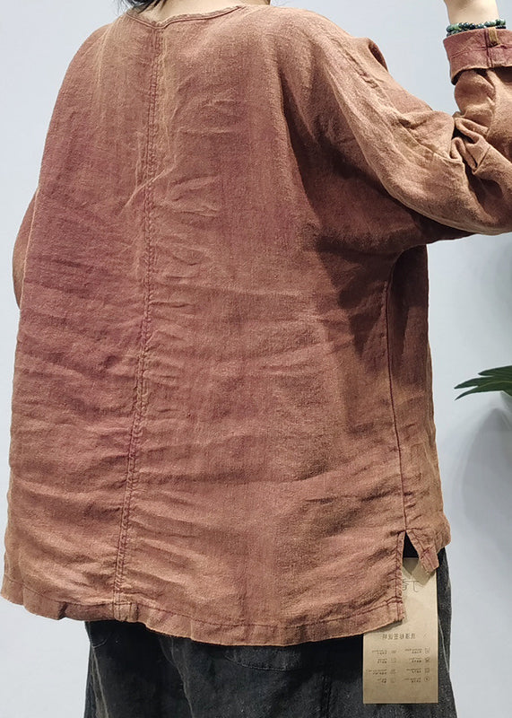 Red O-neck Side Open Embroideried Linen Top Long Sleeve