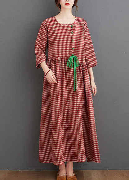 Red Oriental O-neck Plaid Linen Long Dresses Three Quarter Sleeve