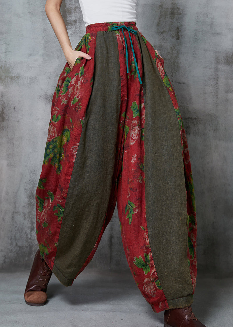 Red Oversized Patchwork Print Linen Harem Pants Spring