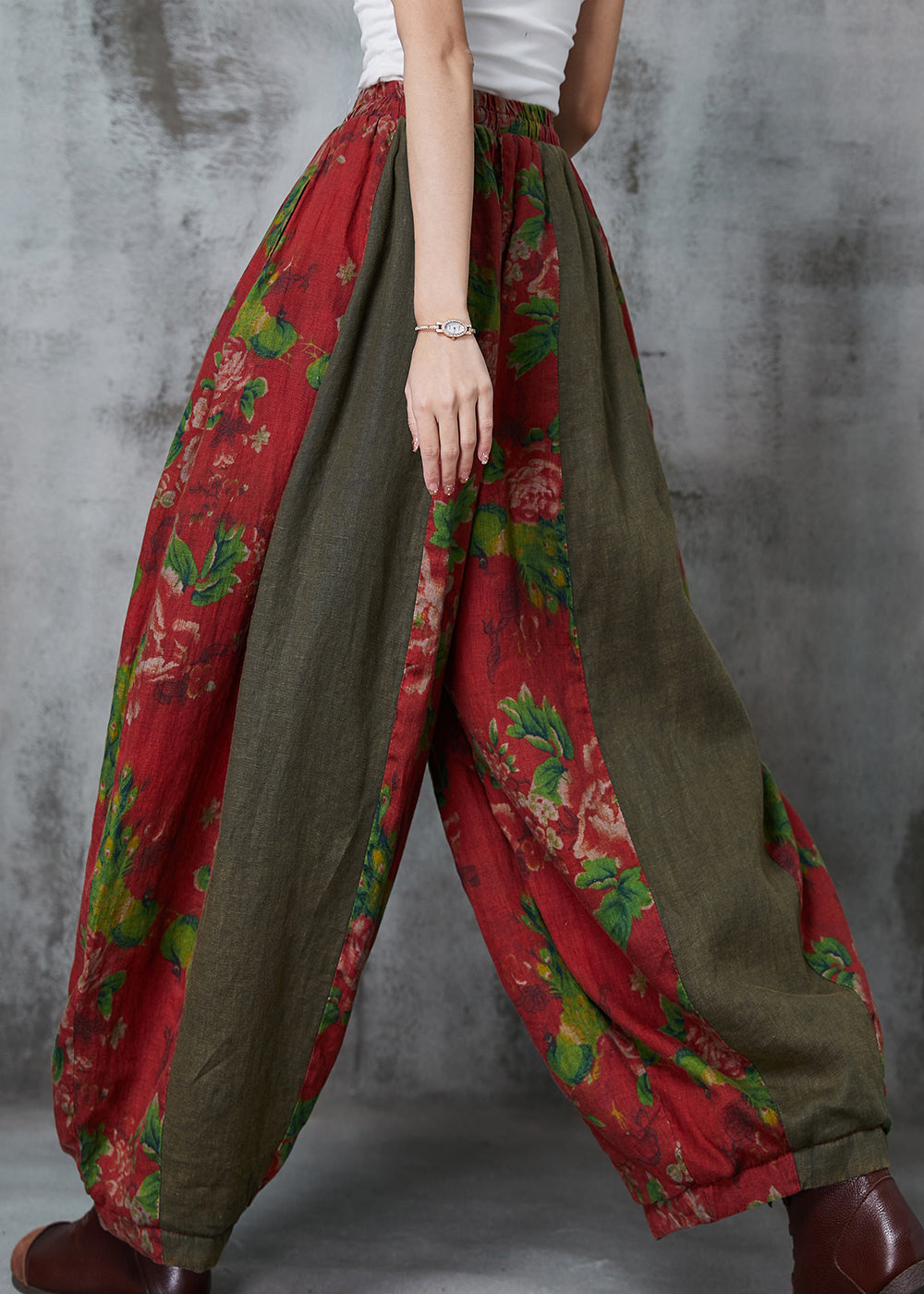 Red Oversized Patchwork Print Linen Harem Pants Spring