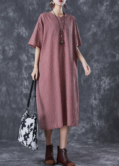 Red Oversized Plaid Linen Maxi Dress Summer