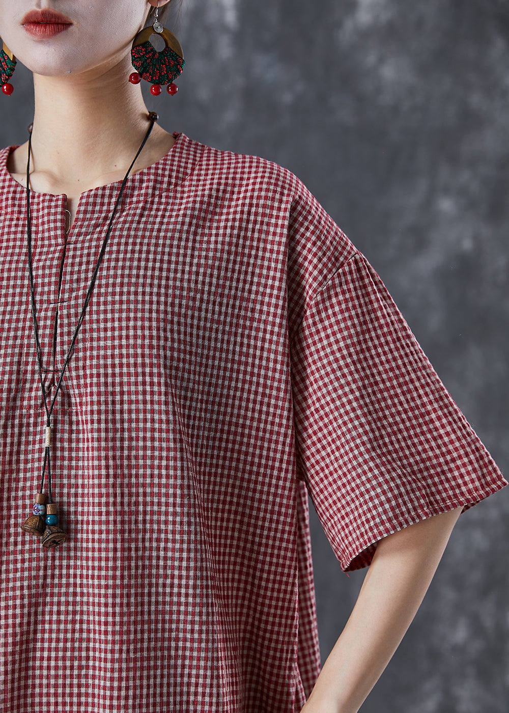 Red Oversized Plaid Linen Maxi Dress Summer