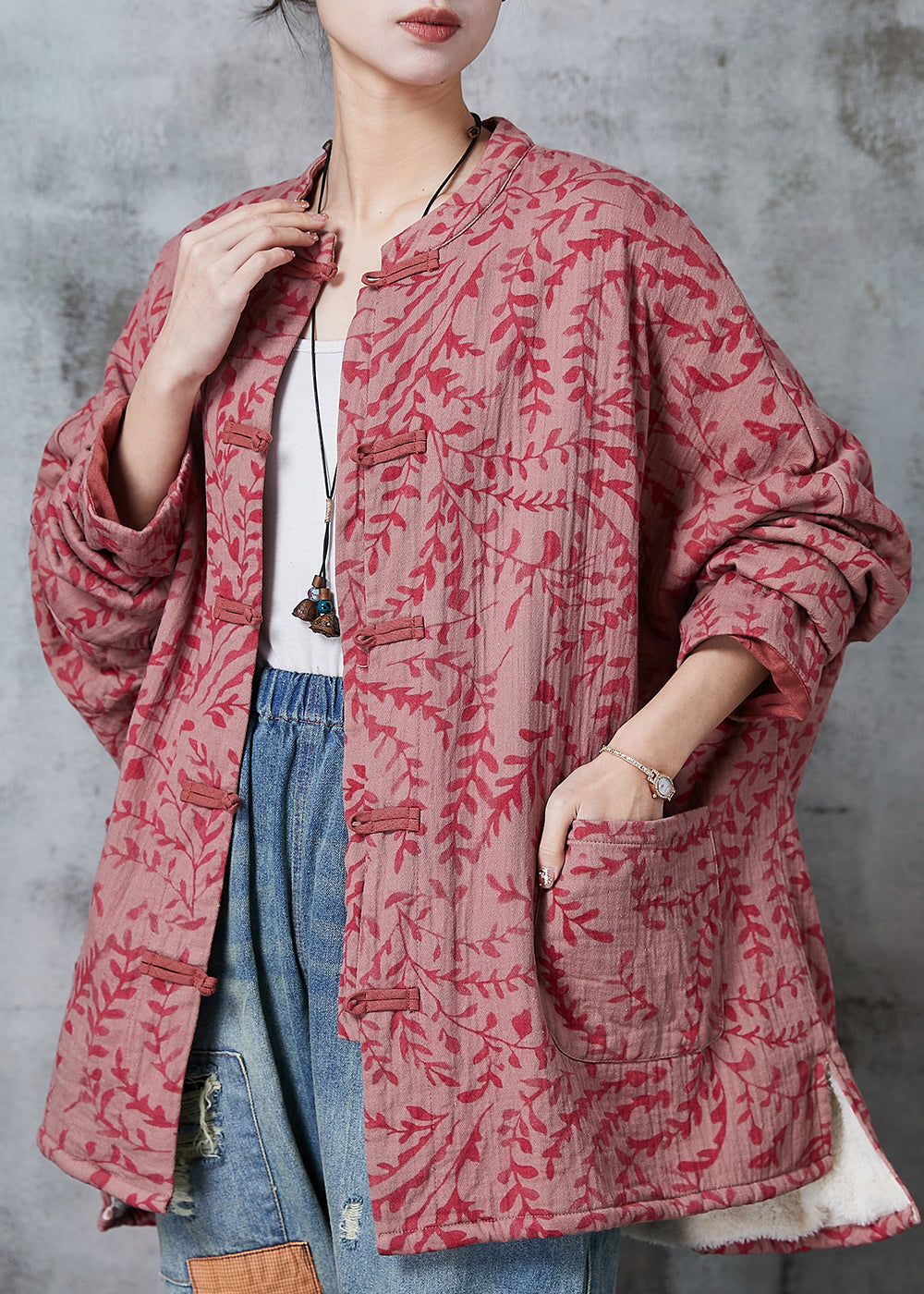 Red Oversized Print Cotton Coat Outwear Spring
