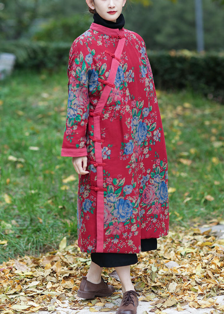 Red Oversized Print Fine Cotton Filled Maxi Dress Winter