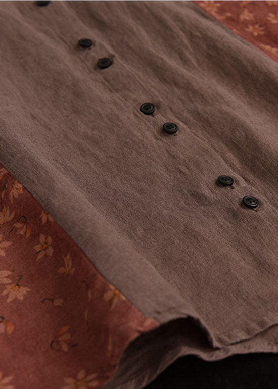 Red Peter Pan Collar Button Print Patchwork Linen Shirt Tops Long Sleeve