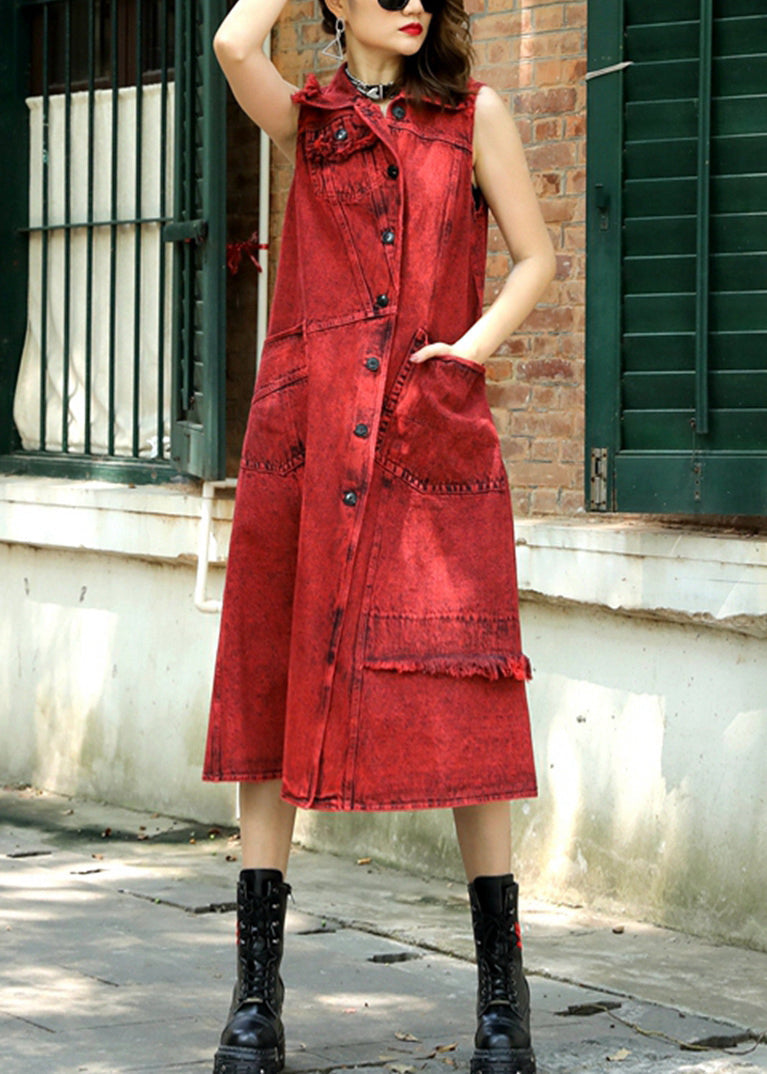 Red Peter Pan Collar Patchwork Long Waistcoat Summer