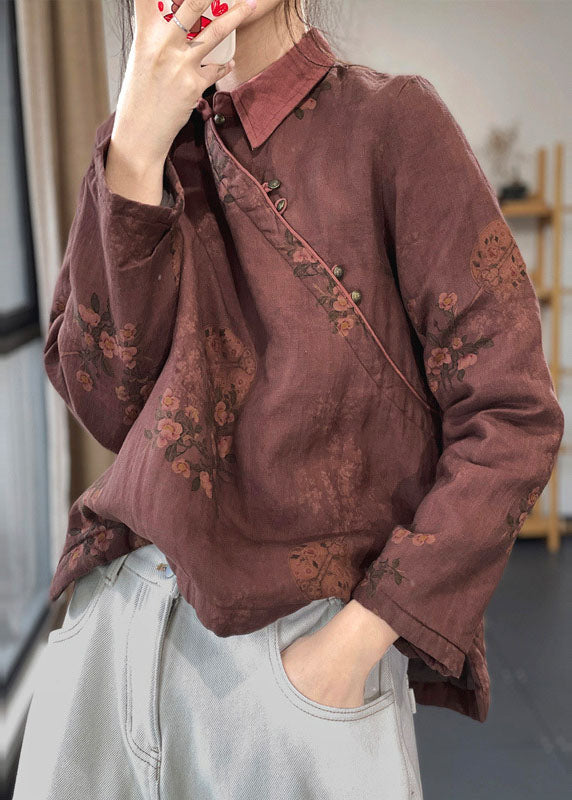 Red Peter Pan Collar Print Cotton Filled Linen Shirt Tops Winter