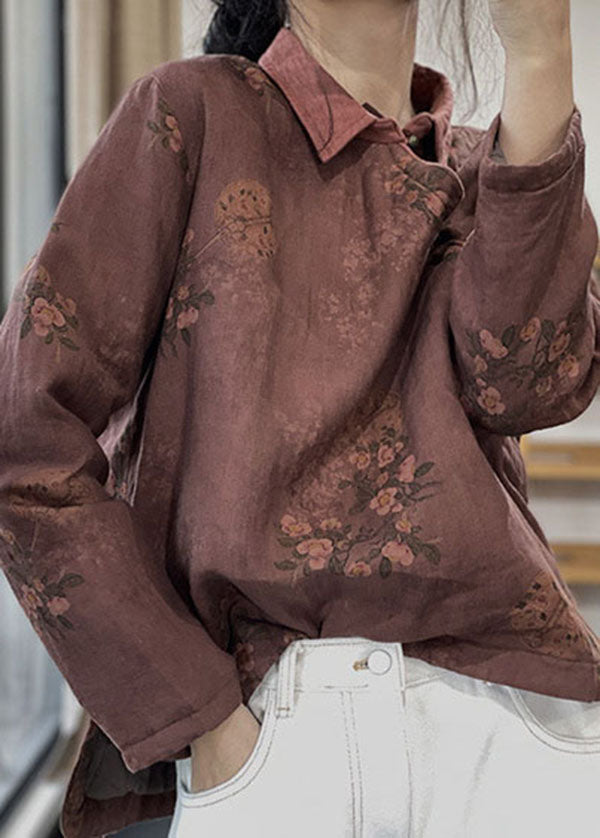 Red Peter Pan Collar Print Cotton Filled Linen Shirt Tops Winter