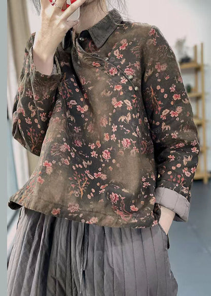 Red Peter Pan Collar Print Cotton Filled Linen Shirt Tops Winter