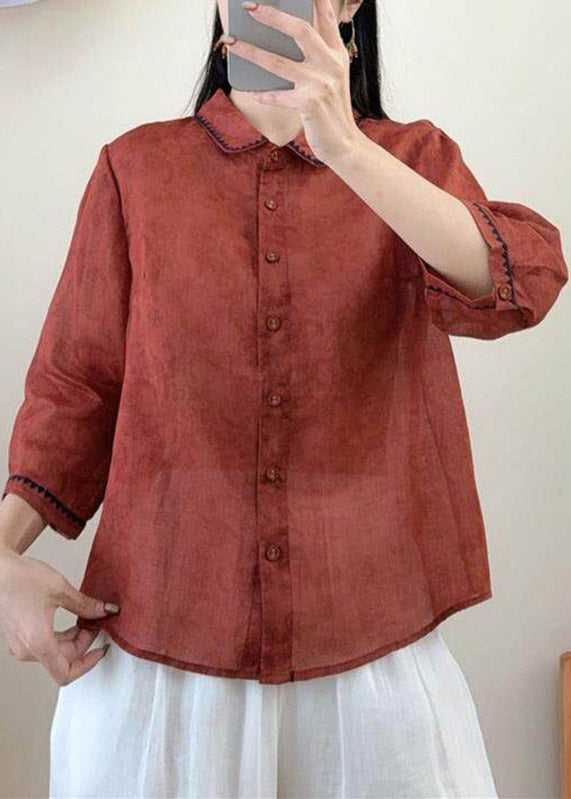 Red Peter Pan Collar Print Linen Shirt Three Quarter Sleeve