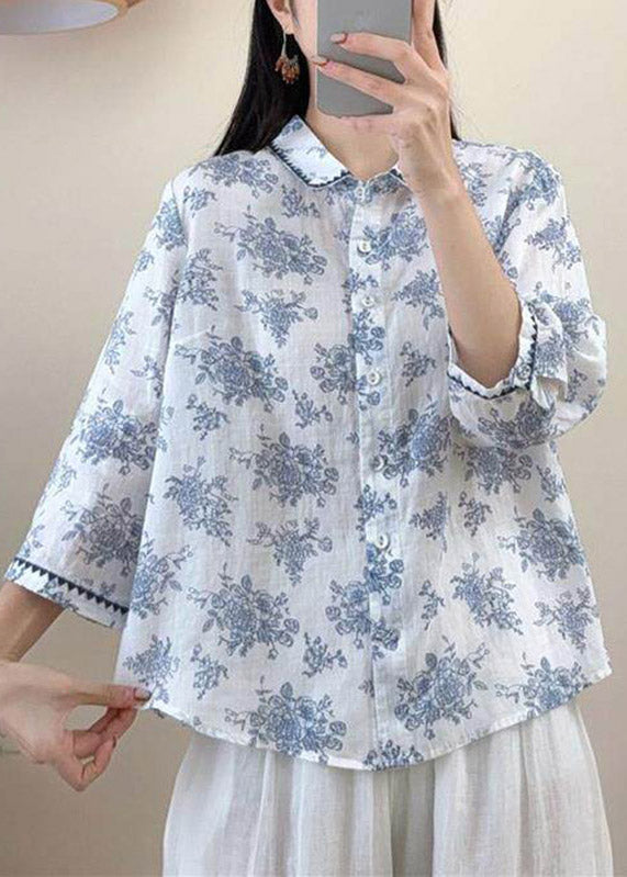 Red Peter Pan Collar Print Linen Shirt Three Quarter Sleeve