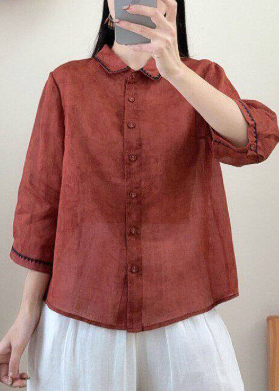 Red Peter Pan Collar Print Linen Shirt Three Quarter Sleeve