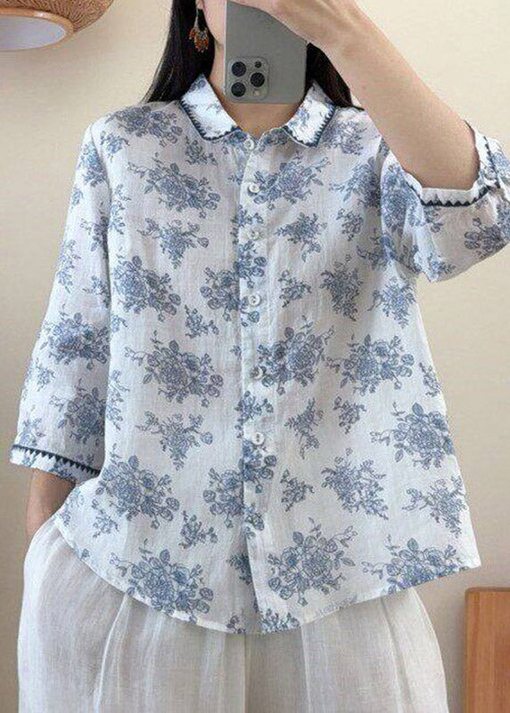 Red Peter Pan Collar Print Linen Shirt Three Quarter Sleeve