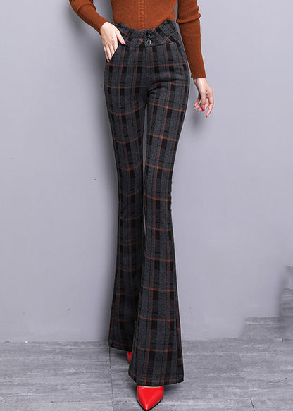 Red Plaid Button Zippered Woolen Bell Bottomed Trousers Spring