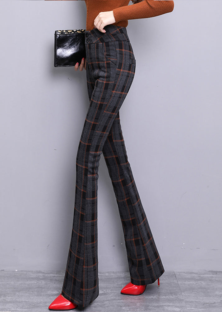 Red Plaid Button Zippered Woolen Bell Bottomed Trousers Spring