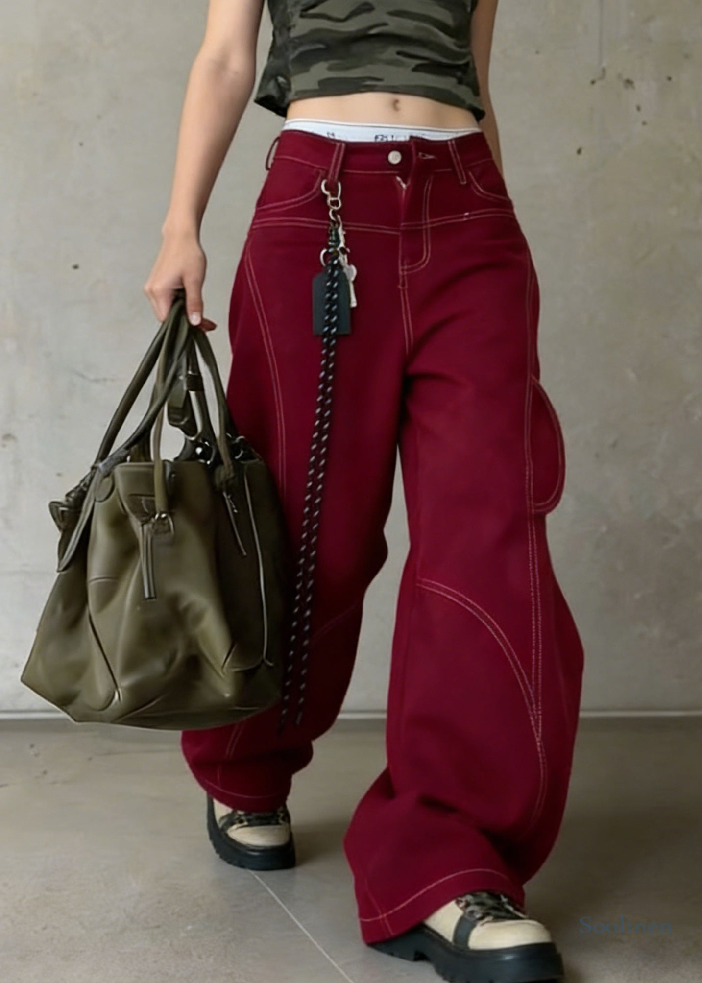 Red Pockets High Waist Cotton Wide Leg Pants Spring