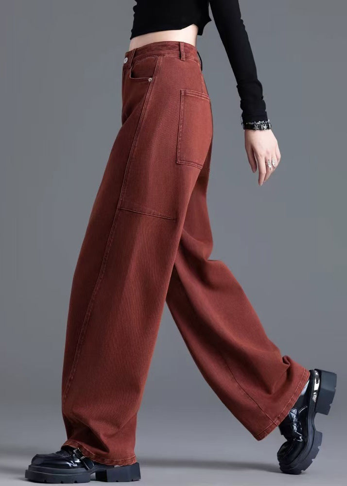 Red Pockets High Waist Denim Wide Leg Pants Spring