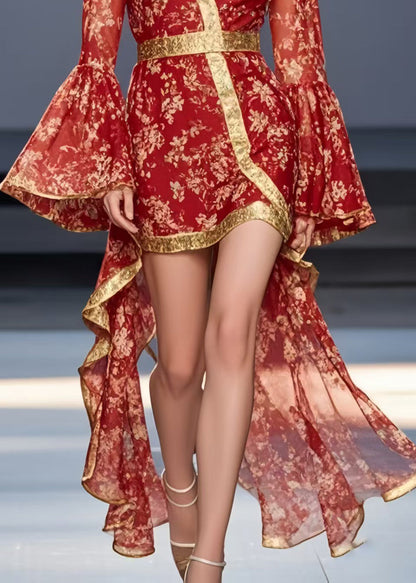 Red Print Asymmetrical Design Chiffon Mid Dress Flare Sleeve