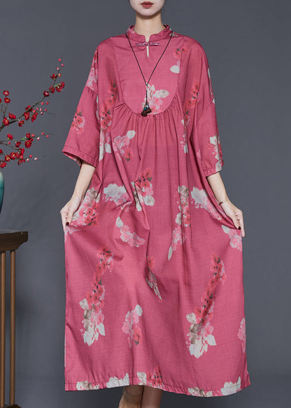 Red Print Chinese Button Cotton Dresses Spring