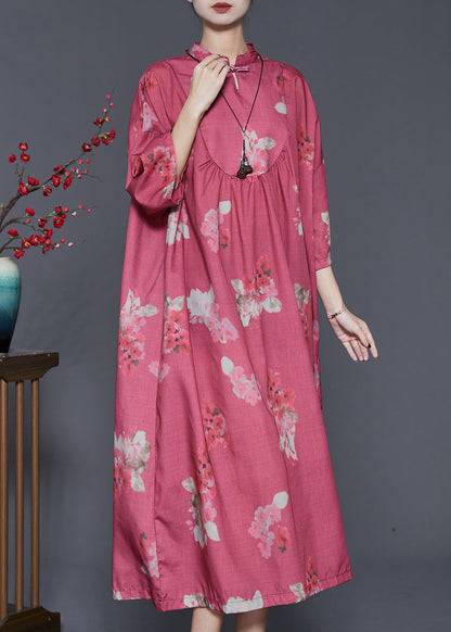 Red Print Chinese Button Cotton Dresses Spring