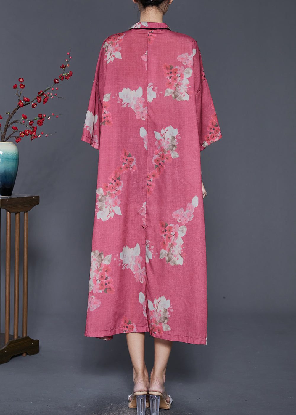 Red Print Chinese Button Cotton Dresses Spring