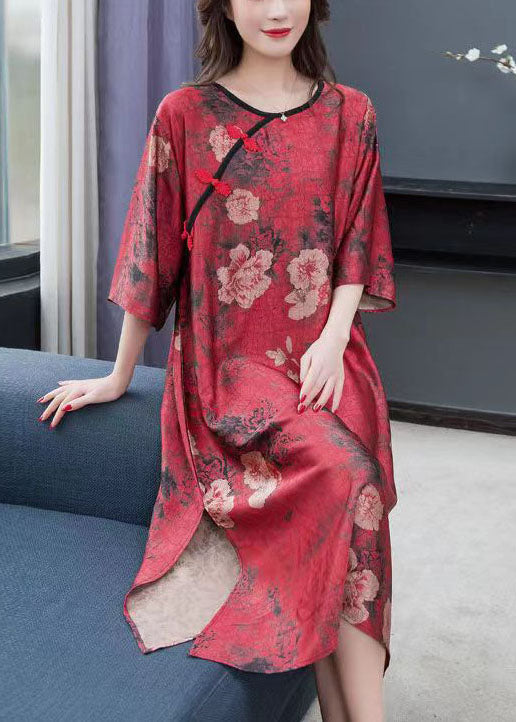 Red Print Chinese Button Patchwork Chiffon Dresses Summer