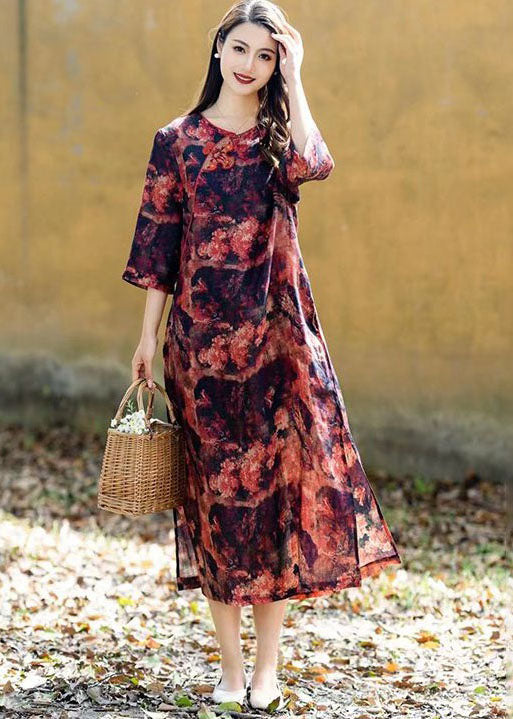 Red Print Chinese Button Patchwork Linen Long Dresses Summer