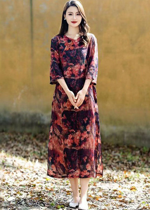 Red Print Chinese Button Patchwork Linen Long Dresses Summer