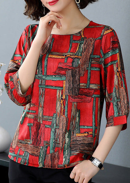 Red Print Cozy Silk Top Summer