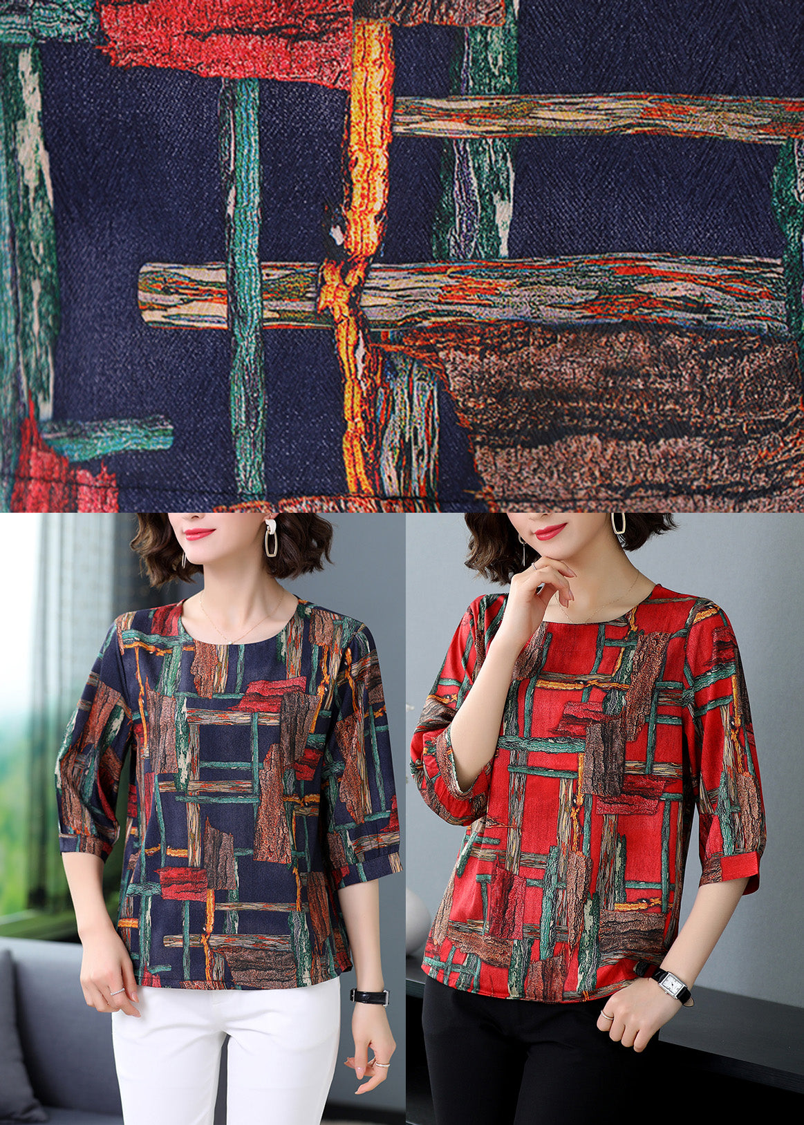 Red Print Cozy Silk Top Summer