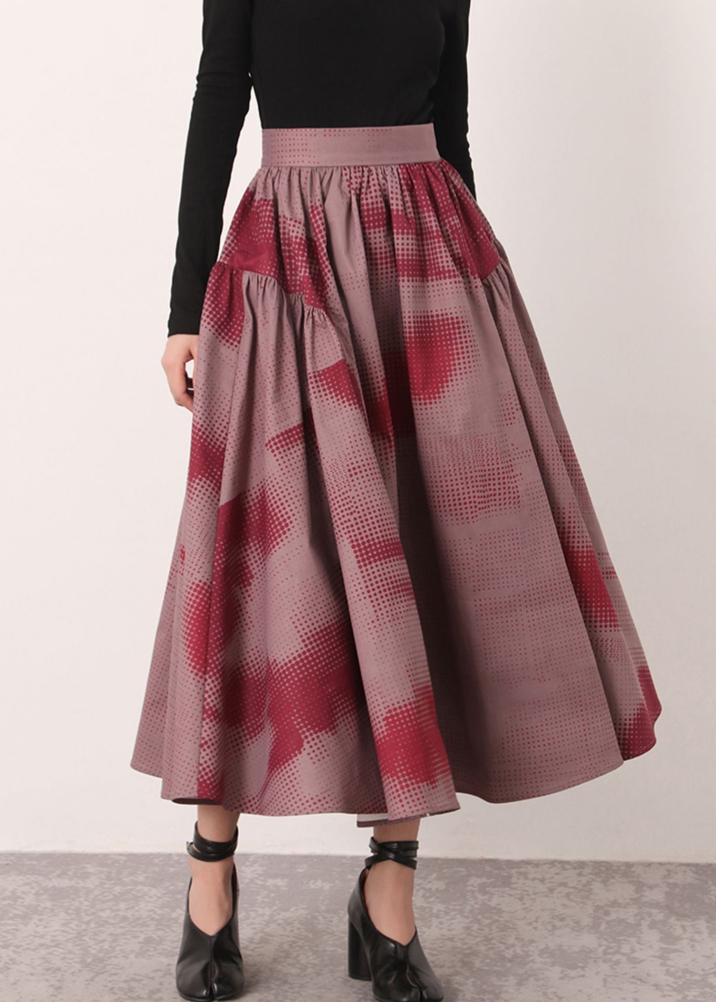 Red Print High Waist Cotton Skirts Spring