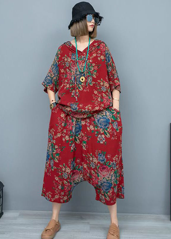 Red Print Hooded T Shirts and Crop Pants Cotton Two Pieces Set Summer