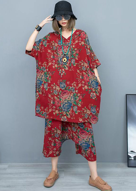 Red Print Hooded T Shirts and Crop Pants Cotton Two Pieces Set Summer