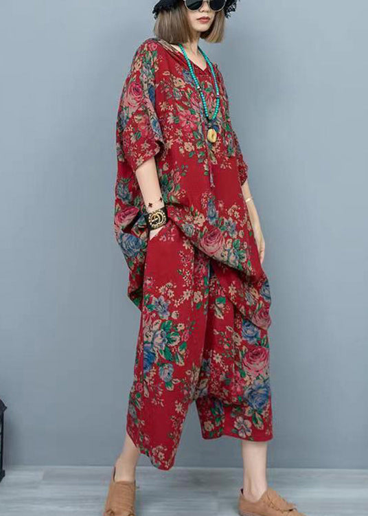 Red Print Hooded T Shirts and Crop Pants Cotton Two Pieces Set Summer