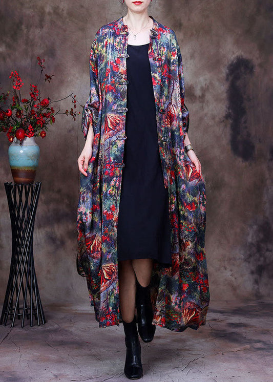 Red Print Oriental Button Silk Trench Coats Long Sleeve