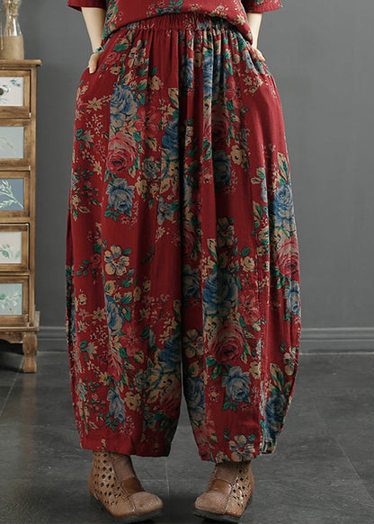 Red Print Pockets Elastic Waist Cotton Lantern Pants Fall