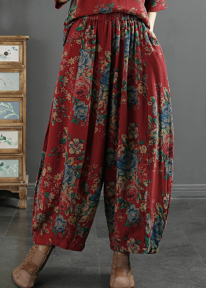 Red Print Pockets Elastic Waist Cotton Lantern Pants Fall