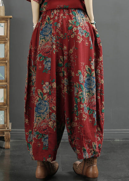 Red Print Pockets Elastic Waist Cotton Lantern Pants Fall