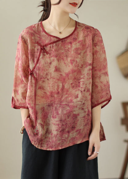 Red Print Tassel Linen Shirt Top Bracelet Sleeve