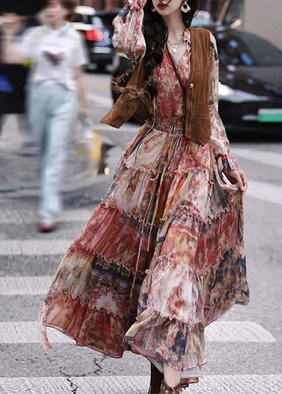 Red Ruffled Print Tunic Maxi Dresses Lantern Sleeve