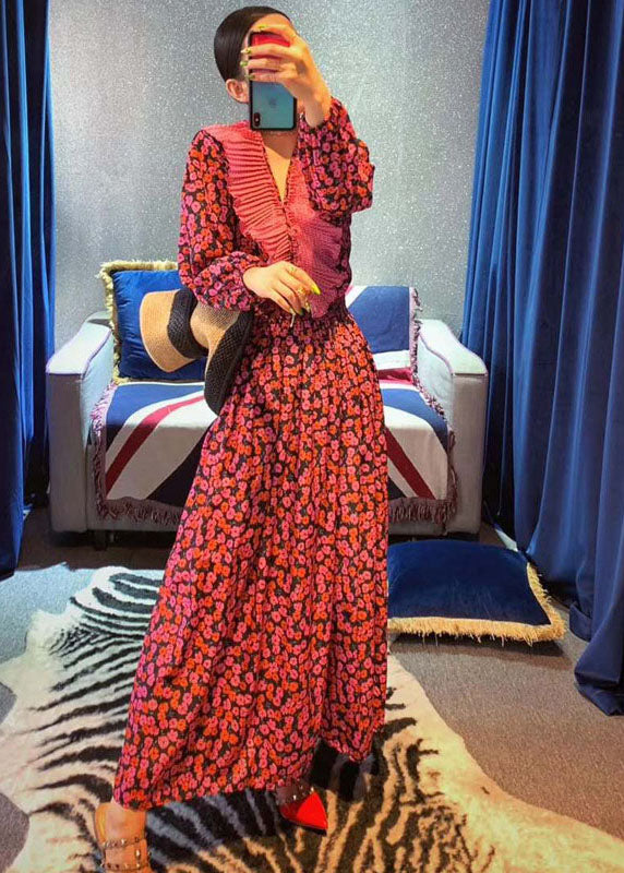 Red Ruffles V Neck Cinched Print Chiffon Long Dress Spring