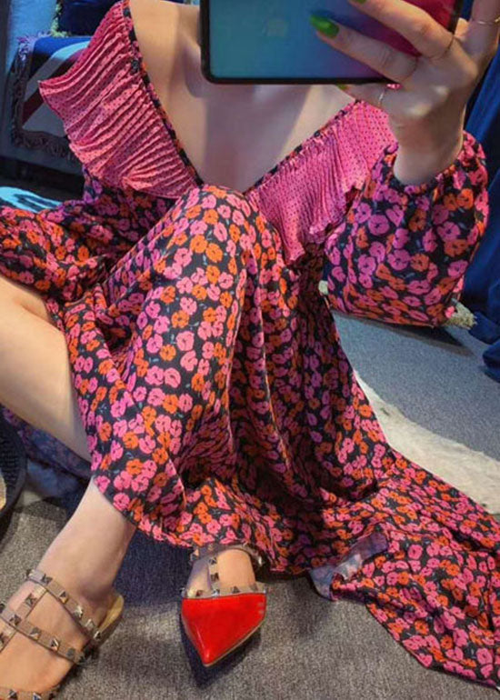Red Ruffles V Neck Cinched Print Chiffon Long Dress Spring