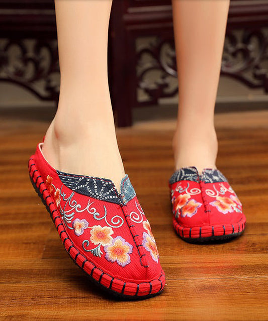 Red Slide Sandals Embroideried Cotton Fabric Splicing Slides