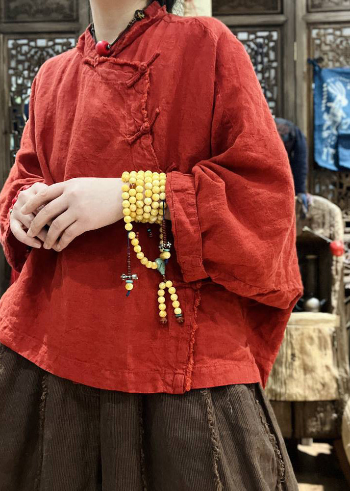 Red Button Linen Tops Batwing Sleeve