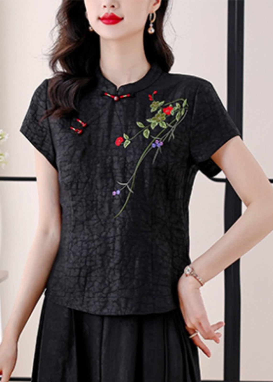 Red Stand Collar Embroidered Silk Blouses Summer